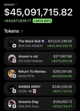 The image shows a portfolio dashboard displaying ansem's crypto holdings totaling $45,091,715.82 (up +3,614.69%), with top positions including The Black Bull at $43,531,248.00, Ansem's cat at $371,867.86, and Return To Memes at $260,591.96. This visualizes the massive profits referenced in the post where the user admits to making over $1M in profit on $ANSEM, catching it at 170K market cap and holding through its rise to 110M.