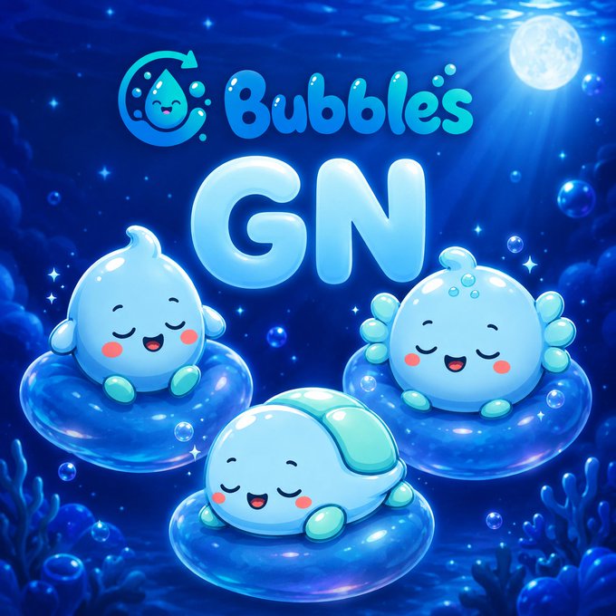 A colorful cartoon graphic featuring three cute, smiling bubble-like characters on a blue underwater background with the text 'Bubbles GN' and a logo.