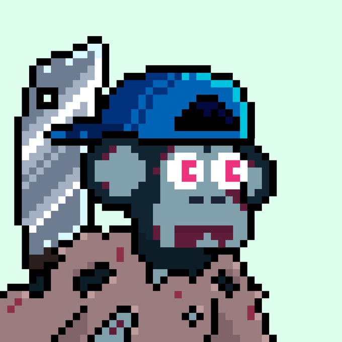 A pixel art zombie-like character with pink eyes wearing a blue cap and tattered clothing, holding a gray fish-like object, set against a mint green background.