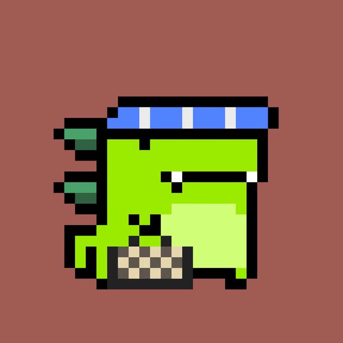 Pixel art illustration of a green zombie-like character with a blue and white striped headband and exposed teeth on a brown background.