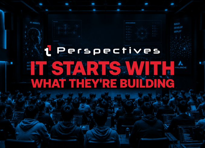 Promotional image for "Perspectives" by Avalanche featuring the text "IT STARTS WITH WHAT THEY'RE BUILDING" overlaid on a darkened conference hall filled with people.