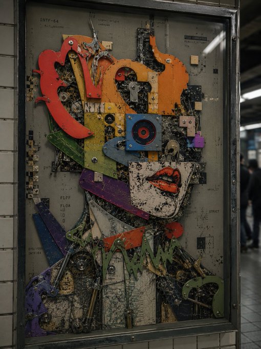 The image shows a mixed-media assemblage artwork displayed in a glass case at what appears to be "INTE-6E4" station, featuring colorful fragments of old circuit boards, mechanical parts, and a painted red lip design—the bold, layered piece visually echoes the chaotic, fragmented energy of the post's riff on rebuilding routines from scratch.