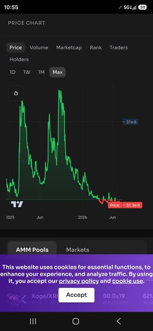 A mobile price chart app displaying a cryptocurrency's all-time price history, showing a sharp decline from peaks of $1e-8 down to the current price of $1.3e-9.