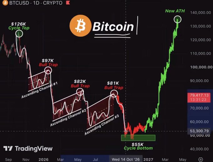 A TradingView chart showing the BTCUSD daily crypto price action, marking a 'Cycle Top' at $126K, three 'Bull Trap' ascending channels at $97K, $82K, and $81K, a 'Cycle Bottom' at $55K, and a 'New ATH' near $140,000.