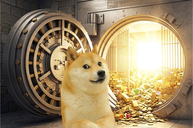 A Shiba Inu dog sits before a massive open bank vault overflowing with gold coins and jewels. The image perfectly matches the post, symbolizing the promise that investing even a single dollar in $DOGE will lead to unimaginable wealth for the community.