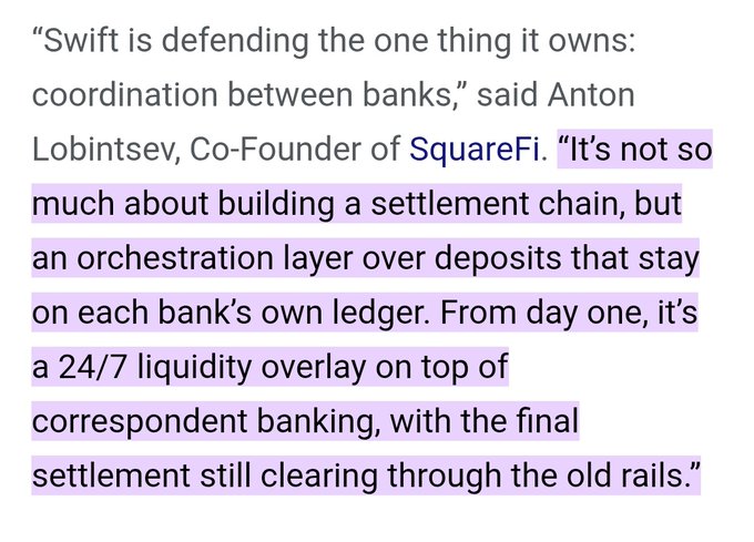 A highlighted quote from SquareFi Co-Founder Anton Lobintsev explaining that SWIFT's blockchain strategy focuses on coordinating bank-to-bank interactions rather than building a new settlement chain, serving as a 24/7 liquidity overlay atop traditional correspondent banking. The passage contrasts with Ripple's approach of using XRP or RLUSD as a neutral asset for instant atomic settlement, highlighting how SWIFT's model preserves existing TradFi infrastructure while Ripple's enables true on-chain value transfer.