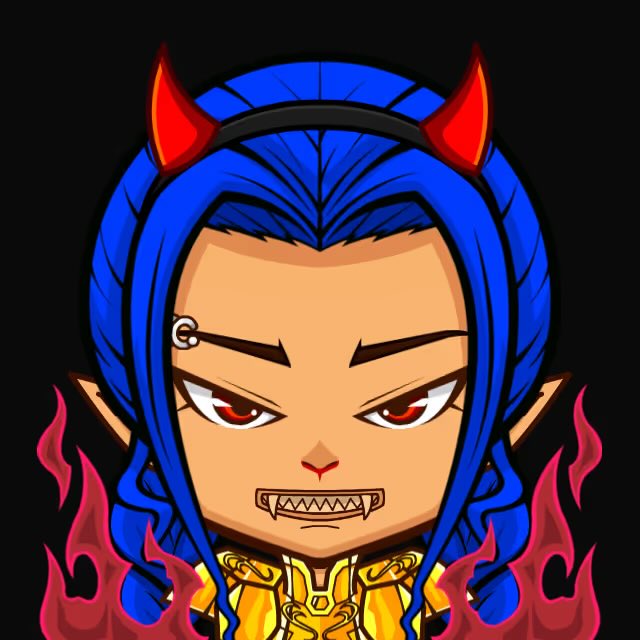 A chibi-style anime illustration of a character with blue hair, red devil horns, sharp fangs, and gold armor, surrounded by red flames on a black background.