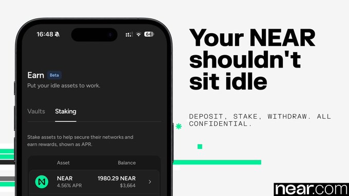 The image is an advertisement for near.com's "Earn" feature, showing a mobile app interface displaying a NEAR staking balance of 1980.29 NEAR at 4.56% APR, alongside the tagline "Your NEAR shouldn't sit idle." It visually reinforces the post's message by highlighting that all deposit, staking, and withdrawal activities are confidential by default.