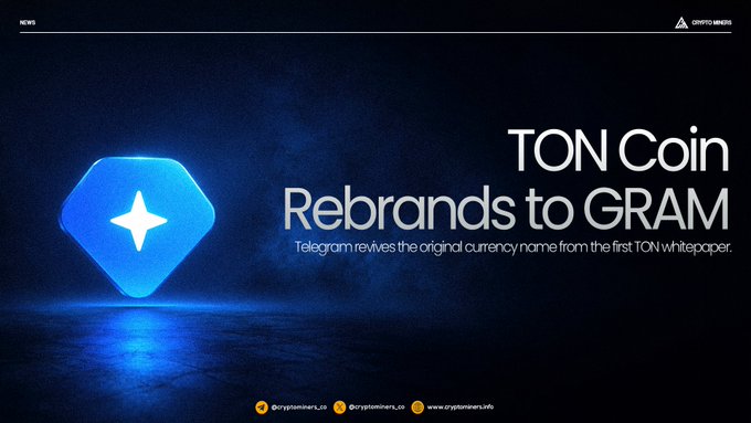 The image features a blue diamond-shaped logo that reads "TON coin" at its center. Below this logo, there's text announcing the transition of the TON coin brand name to GRAM. The text also mentions that the rebranding process will take up to three weeks and is expected to be completed by Durov.