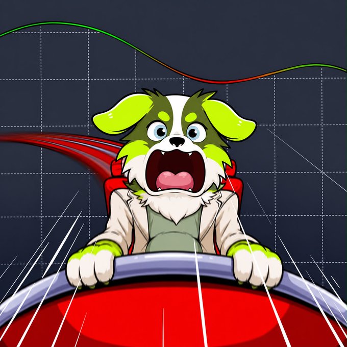 An animated anthropomorphic dog character with green and white fur screams with a wide-open mouth while gripping a red steering wheel against a gridded background.