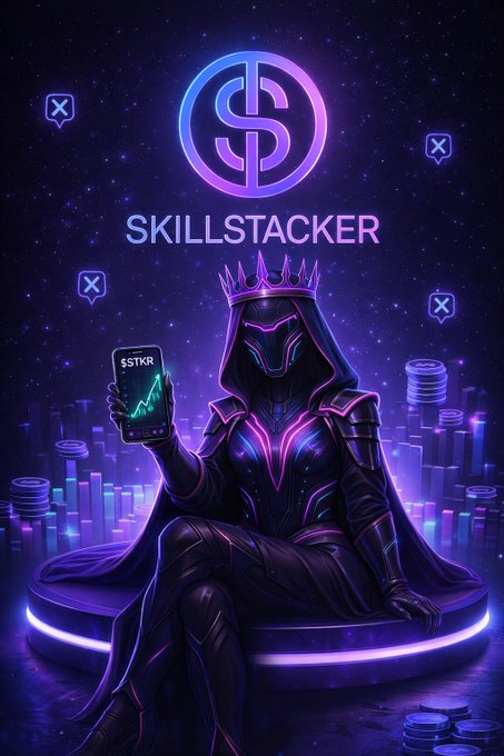 The image features a woman dressed as a queen, sitting on a platform with a cell phone held up above her head. The background includes purple and blue colors, along with various symbols related to cryptocurrency. The caption of the image reads "Happy Taco Tuesday Today is for cooking. Builders, traders, creators, investors and marketers. What are you cooking? @RRMemeMilitia is cooking the biggest burn fire in crypto $STKR has a lot of winning opportunities to fill your bags."