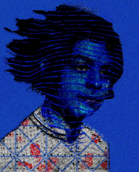 A stylized digital portrait of a person with dark hair, rendered in bold blue tones with horizontal striped distortions across the face against a textured blue background.