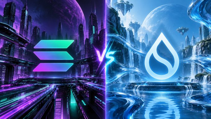 A vibrant split-screen graphic featuring the Solana logo on the left against a purple futuristic cityscape, versus the Sui logo on the right against a blue waterfall landscape, separated by a glowing 'VS' symbol.