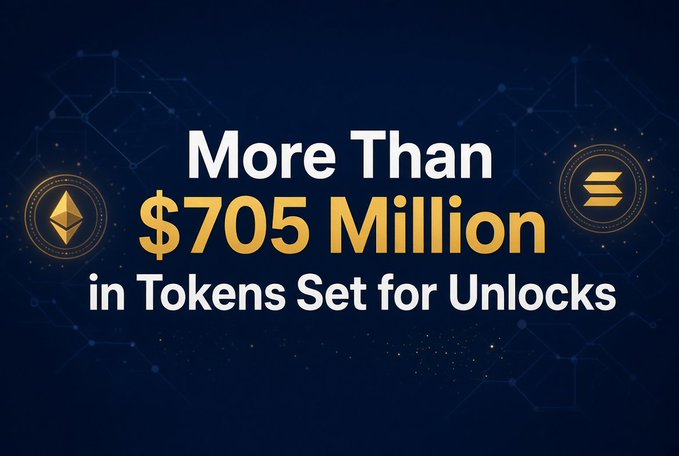 A dark blue graphic displays the headline "More Than $705 Million in Tokens Set for Unlocks" in bold white and gold text, flanked by cryptocurrency icons including Ethereum. The image visually reinforces the article's announcement about major token unlock events scheduled for late August.