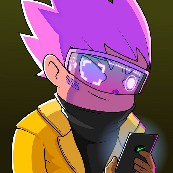 An anime-style cartoon character with spiky purple hair wearing AR/VR goggles displaying "76" and "4444," a yellow jacket, and holding a smartphone with a green checkmark.