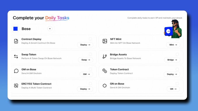 The image displays a "Daily Tasks" dashboard for Base network on OnChainDaily, listing eight tasks: Contract Deploy, NFT Mint, Swap Token, Bridge Assets, GM on Base, Token Contract, ERC1155 Token Contract, and GN on Base, each with action buttons. This directly illustrates the post's call to action—showcasing the platform's eight onchain tasks designed to boost $BASE activity and streaks via onchaindaily.io/base.