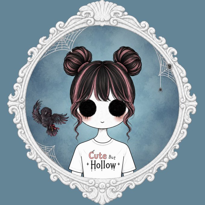 A gothic-style illustration shows a pale girl with black hollow eyes and pink-streaked space buns inside an ornate white frame, wearing a shirt reading "Cute But Hollow," accompanied by a black bird and cobwebs. The eerie yet cute aesthetic and "Hollow" branding visually tie to the post's message about valuing "The Hollow Ones" NFT holders through royalty distribution.