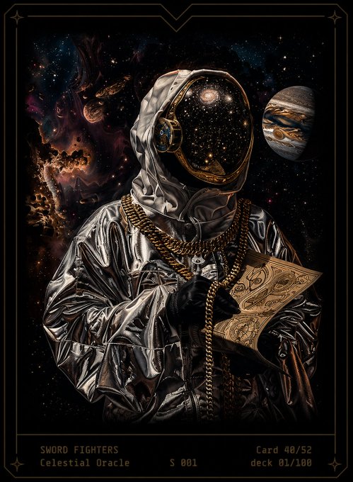 A collectible tarot-style NFT card labeled 'SWORD FIGHTERS - Celestial Oracle, S 001, Card 40/52, deck 01/100' depicting a metallic astronaut figure holding gold chains and cash against a cosmic backdrop with planets.