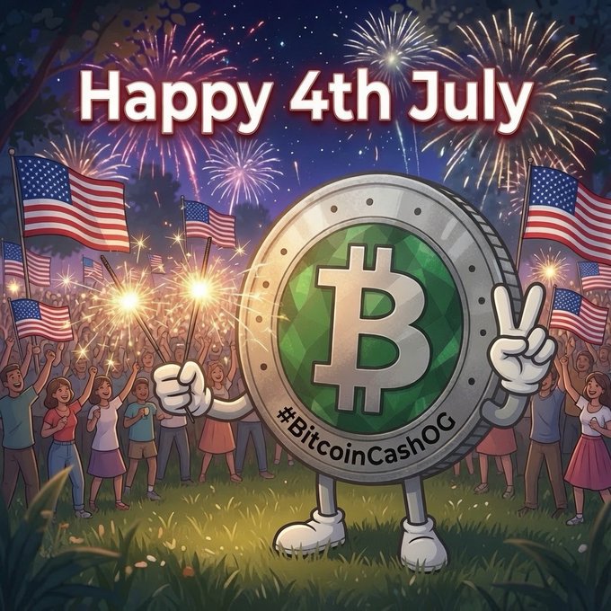 A 4th of July themed graphic featuring a Bitcoin Cash coin character with '#BitcoinCashOG', surrounded by American flags, fireworks, and a cheering crowd.