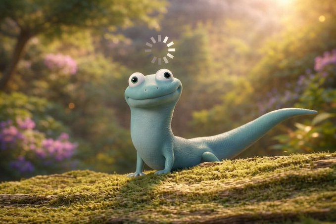 A cute, cartoonish blue lizard-like creature with a smile sits on moss with a loading icon above its head.