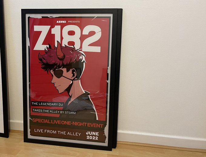A framed poster titled 'Z182' featuring an anime-style character with red hair and sunglasses, advertising a special live one-night event by 'the Legendary DJ' from June 2022.