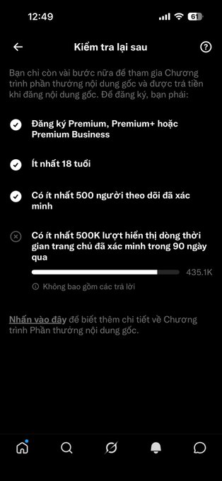 An Instagram eligibility check screen in Vietnamese showing requirements for a monetization program including Premium subscription, being 18+, having at least 500 followers, and nearly 500K monthly views.