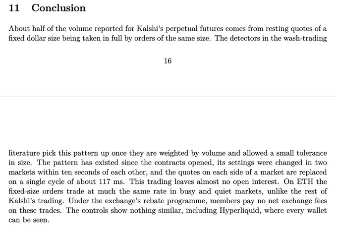 The image shows the conclusion section of a paper that alleges Kalshi's perpetual futures volume is inflated by wash trading, noting that fixed-size orders trade at the same rate on both ETH buy and quiet markets every ~117ms in synchronized cycles, generating almost no open interest while exchanging no fees due to the platform's rebate program. This directly supports the accompanying post's claims about mm bots trading fixed amounts every 117ms via fee-free rebates to fake volume.