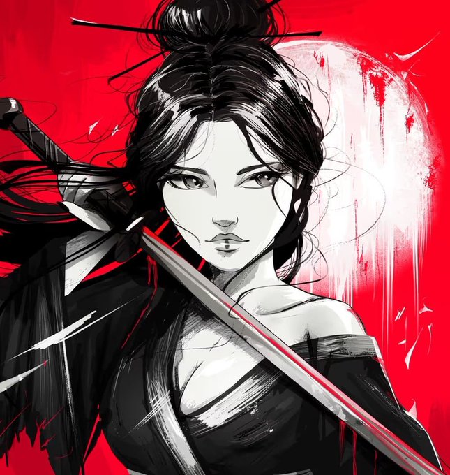 Stylized black, white, and red artwork of a woman with dark hair holding a katana against a red background.