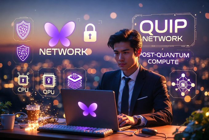 A man works on a laptop displaying the QUIP logo against a futuristic cityscape, surrounded by holographic icons representing CPU, QPU, security, and the QUIP Network's post-quantum compute messaging, visually reinforcing the concept of decentralized quantum-secure computing and shared processing power for Web3.