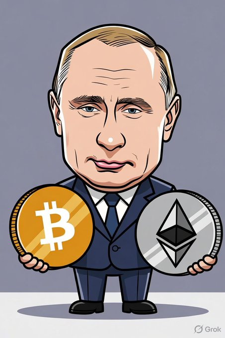 A Grok-generated caricature depicts Vladimir Putin holding a large gold Bitcoin coin in one hand and a silver Ethereum coin in the other.
