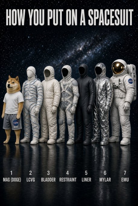 Infographic titled 'HOW YOU PUT ON A SPACESUIT' showing a step-by-step progression from a Doge meme character in a NASA shirt labeled '1 MAG (DOGE)' through layers including LCVG, BLADDER, RESTRAINT, LINER, MYLAR, and finally EMU spacesuit.