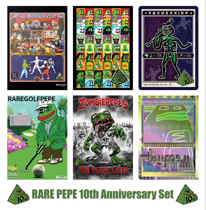 A promotional image titled "RARE PEPE 10th Anniversary Set" featuring six colorful Rare Pepe trading cards, including ones labeled "THE MEMEPE," "RAREGOLFERPE," and "ZOMBIEPERES."