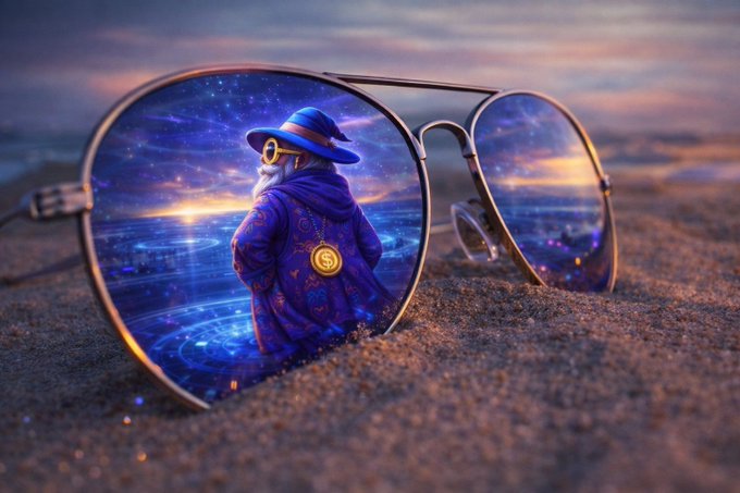 A surreal digital artwork showing aviator sunglasses resting on sand, with reflections depicting a mystical figure in a purple cloak and blue hat against a cosmic, galaxy-filled background.