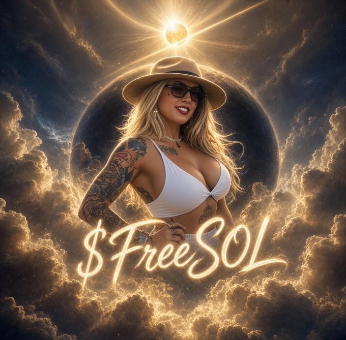 A stylized digital artwork of a blonde woman in a white top, hat, and sunglasses with a tattooed arm, set against a cosmic background with the glowing text '$FreeSOL'.