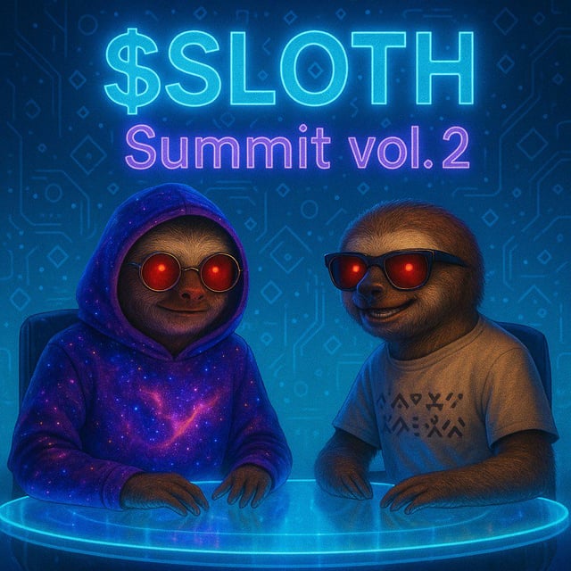 Two animated sloths wearing sunglasses sit at a glowing blue neon table against a circuit-board backdrop, with neon text above them reading "$SLOTH Summit vol.2." The image aligns with the post's "Sloth Summit 2027" theme, serving as a promotional visual for the $SLOTH (SlothanaCoin) crypto project.