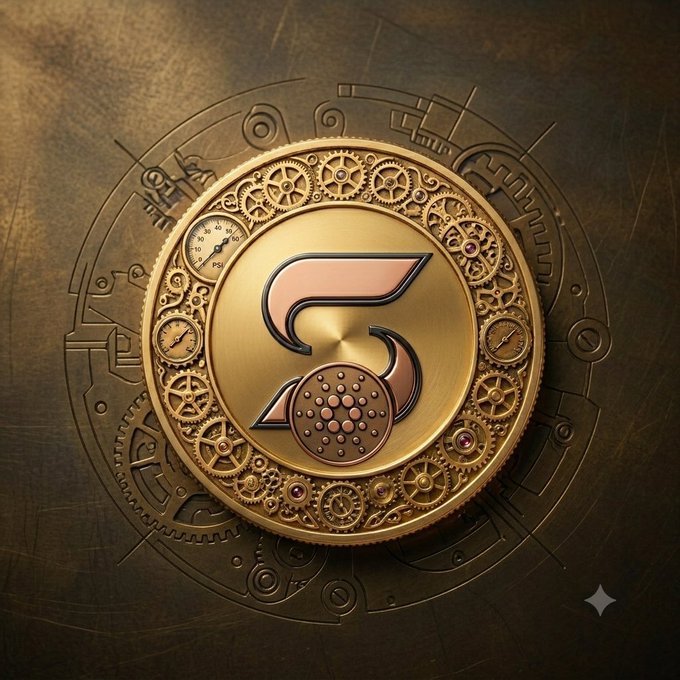 An ornate steampunk-style golden medallion featuring intricate gears, clock faces, and a central stylized "S" symbol with a dotted ball, surrounded by engraved mechanical patterns on a metallic background.