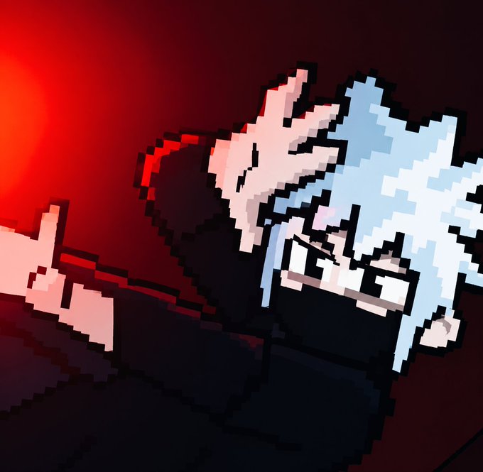 A pixel art style illustration of a character with light blue spiky hair and thick glasses against a dark red background.