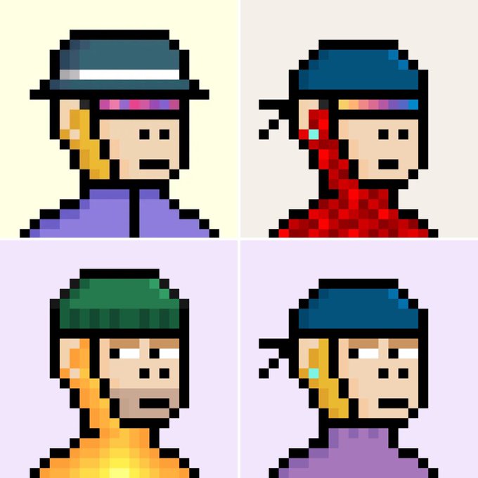 Four pixel art character portraits showing stylized figures wearing hats, with two featuring blonde hair and two with red hair, displayed in a 2x2 grid.