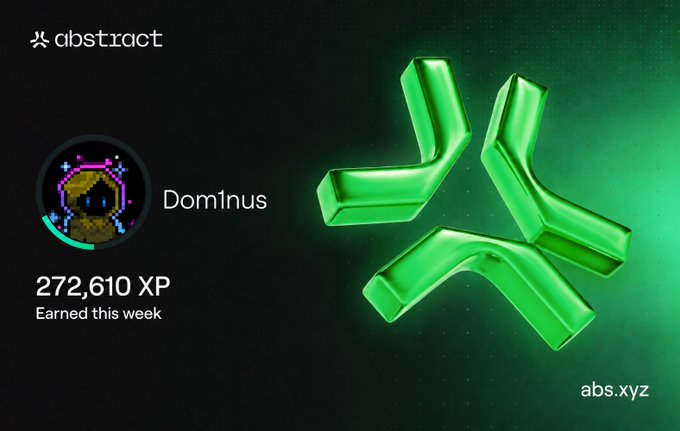 The image features a green logo with three arrows pointing in different directions. Below the logo, there's text that reads "Dominus" and "272, 610 XP", indicating the user's name and their achievement or score. The post also mentions that they've earned this week, which is likely related to the game they're playing.