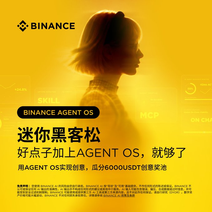 The image is a Binance promotional graphic for the "Mini Hackathon" featuring "Binance Agent OS," with text reading "迷你黑客松" and "好点子加上AGENT OS，就够了" against a yellow background showing a silhouetted figure and data charts. The accompanying post explains that the hackathon offers a 60,000 USDC prize pool across two tracks: building AI Agents (20,000 USDC) and integrating MCP for trading (40,000 USDC), with a disclaimer about AI tool usage.