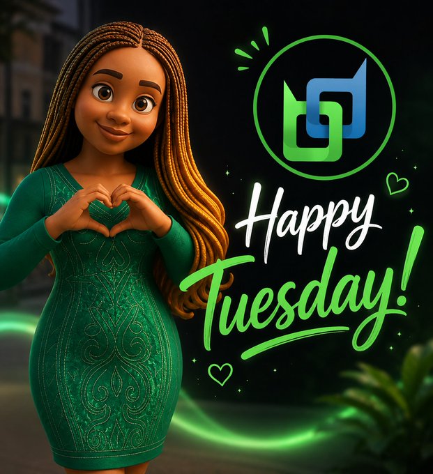 A graphic featuring a 3D animated character with long braided hair making a heart shape with her hands, alongside the UGREEN logo and a 'Happy Tuesday!' greeting in green text.