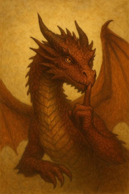 A detailed digital painting or illustration of a red dragon with spiked scales and horns, holding one claw to its chin in a thoughtful pose against a parchment-like tan background.