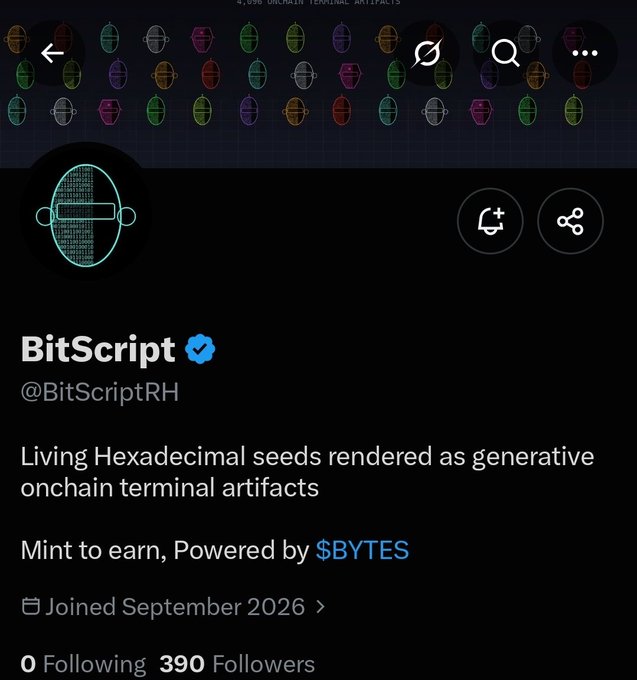 Screenshot showing the BitScript (@BitScriptRH) Twitter/X profile page displaying the verified account's bio: "Living Hexadecimal seeds rendered as generative onchain terminal artifacts, Mint to earn, Powered by $BYTES," with 390 followers and a profile picture of a cyan terminal/hexadecimal seed artifact, corresponding to the early alpha project announcement about 4,096 generative onchain terminal artifacts.