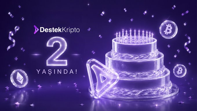 The image features a large, three-tiered cake with candles on top, surrounded by various coins scattered around it. The background of the image is purple, which complements the overall theme of the celebration. The text "DestekKripto" appears multiple times in the image, indicating that this event is related to cryptocurrency or blockchain technology.