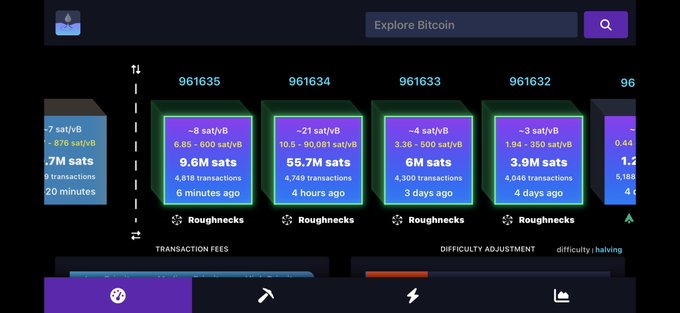 The image shows a Mempool.space dashboard displaying recently mined Bitcoin blocks 961632-961635, each mined by the "Roughnecks" pool, with block 961634 notably collecting 55.7M sats in transaction fees and including 7,899 transactions just minutes before. The bold caption about Roughnecks stacking fees (specifically highlighting the 55.7M sats on block 961634) directly corresponds to this on-chain data showing the pool's successful fee capture amid high transaction volume.