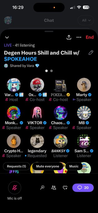 A screenshot of a Twitter/X Spaces audio chat titled 'Degen Hours Shill and Chill w/ SPOKEAHOE' showing 41 listeners, with hosts Vara and Ox, co-host POKEAHOE, and speakers MonK, VIKTOR, Chaos, MB, and Crypto H, along with listeners Legendary, BANK$, and Sam S. The Space features various NFT/avatar profile pictures.