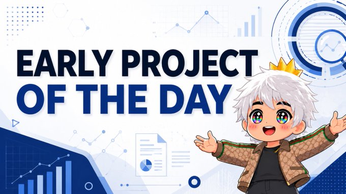 A chibi-style anime character with white hair and a golden crown stands beside the bold text "EARLY PROJECT OF THE DAY," set against a background featuring charts and data graphics. The banner header pairs with a social media post listing early NFT projects on the Robinhood and ARC networks, framing the image as a promotional spotlight for newly emerging NFT projects.