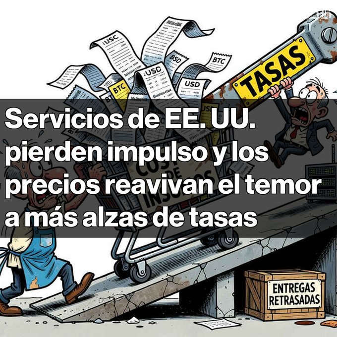 A Spanish-language political/economic cartoon with overlaid text reading 'Servicios de EE.UU. pierden impulso y los precios reactivan el temor a más alzas de tasas', depicting figures struggling with shopping carts full of documents labeled USDC, USD, BTC, BSO, USCC, and being attacked by a giant wrench labeled 'TASAS', with a box reading 'ENTREGAS RETRASADAS'.
