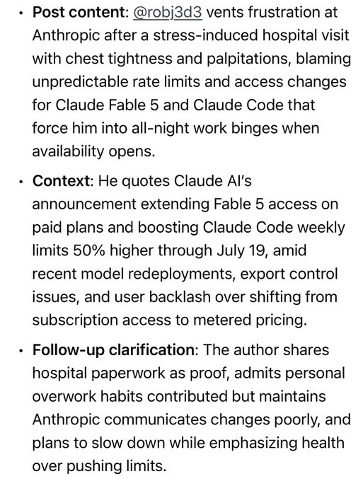 An image summarizing a viral post by @robj3d3 detailing his stress-induced hospital visit for chest tightness and palpitations, which he attributes to unpredictable rate limits on Claude Fable 5 and Claude Code forcing all-night work sessions; the post cites Anthropic's announcement of extended Fable 5 access and a 50% boost to Claude Code weekly limits through July 19, while the user's caption "It's not worth losing your mind over" underscores the post's core message about prioritizing health over pushing AI usage limits.