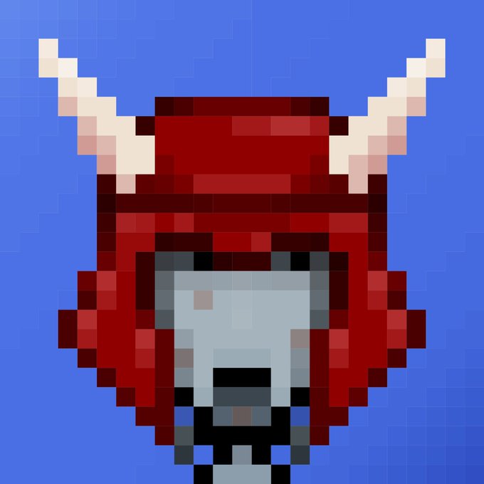 A pixel art illustration of a helmeted figure with white horns and a blue face against a blue background.